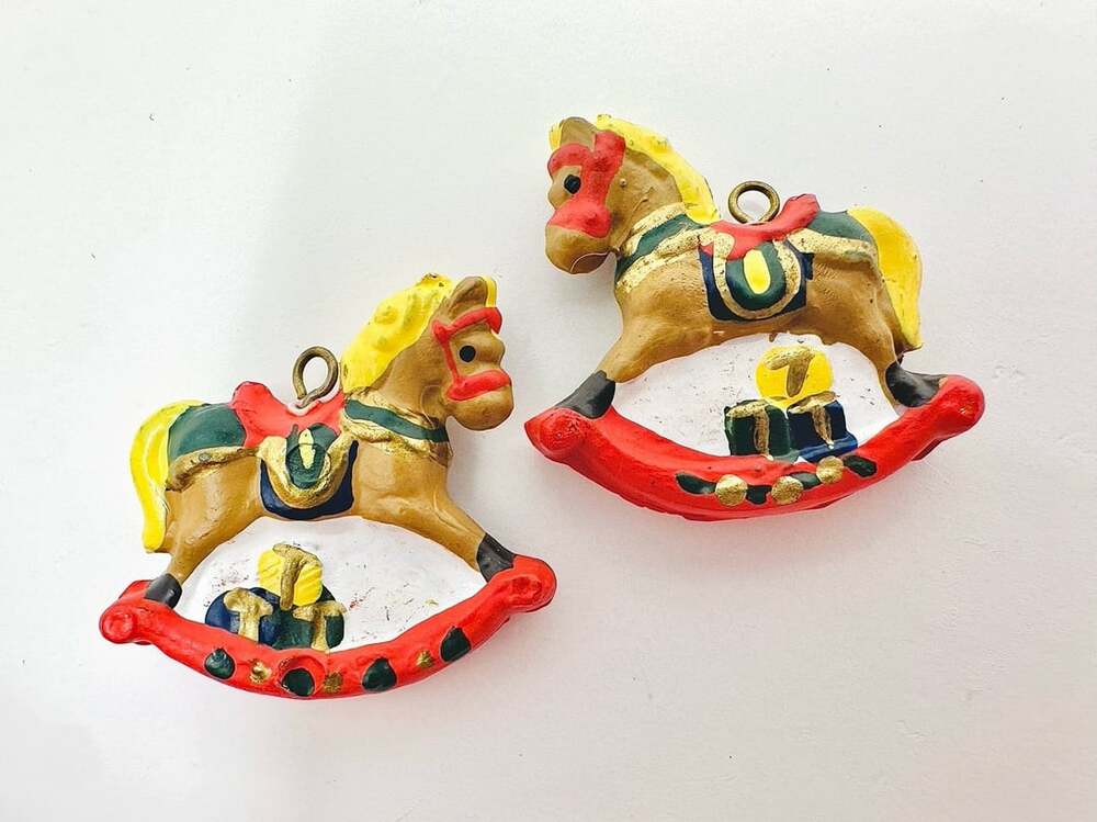 Vintage Painted Wooden Rocking Horse Charms pair set of 2 craft supplies